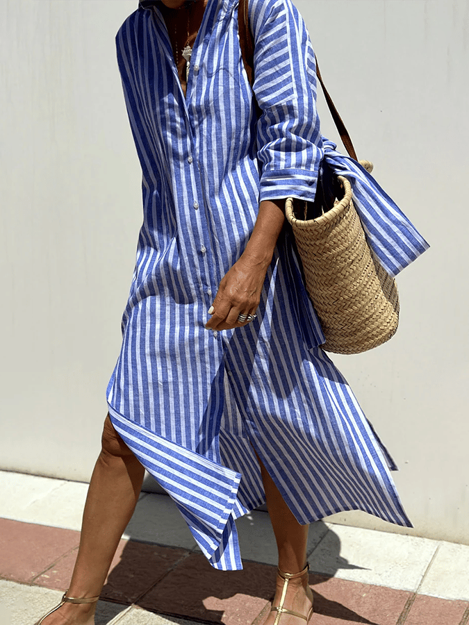 Women'S Striped Belt Cotton And Linen Dress