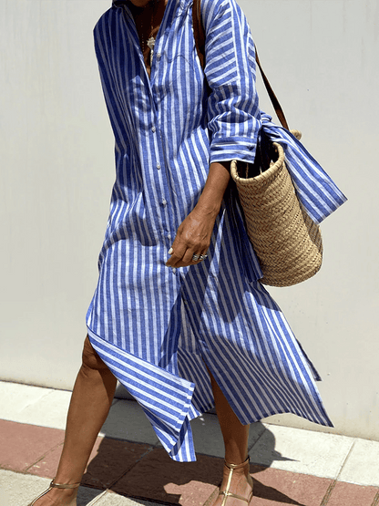 Women'S Striped Belt Cotton And Linen Dress