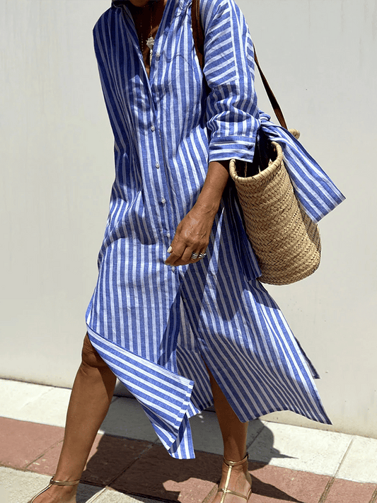 Women'S Striped Belt Cotton And Linen Dress