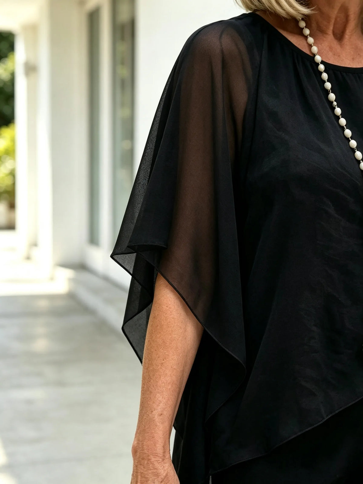 2 Piece Pant Set, Round Neck Keyhole Cutout Chiffon Cape Top, Irregular Layered Hem, Loose Flowy Batwing Sleeves, High Waist Straight Wide Leg Trousers, Lightweight Sheer Fabric, Elegant Outfit Set for Wedding Guest and Formal Occasions