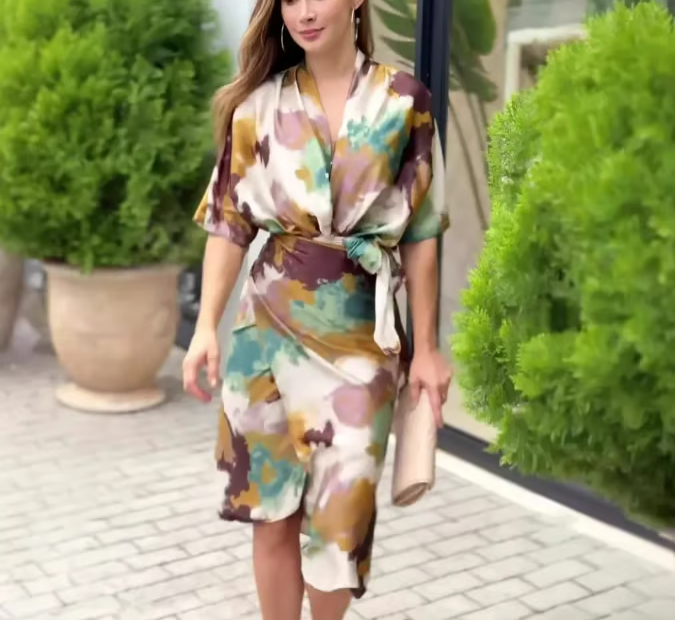 Women's Elegant Printed V-Neck Lace-Up Waist Slim Dress