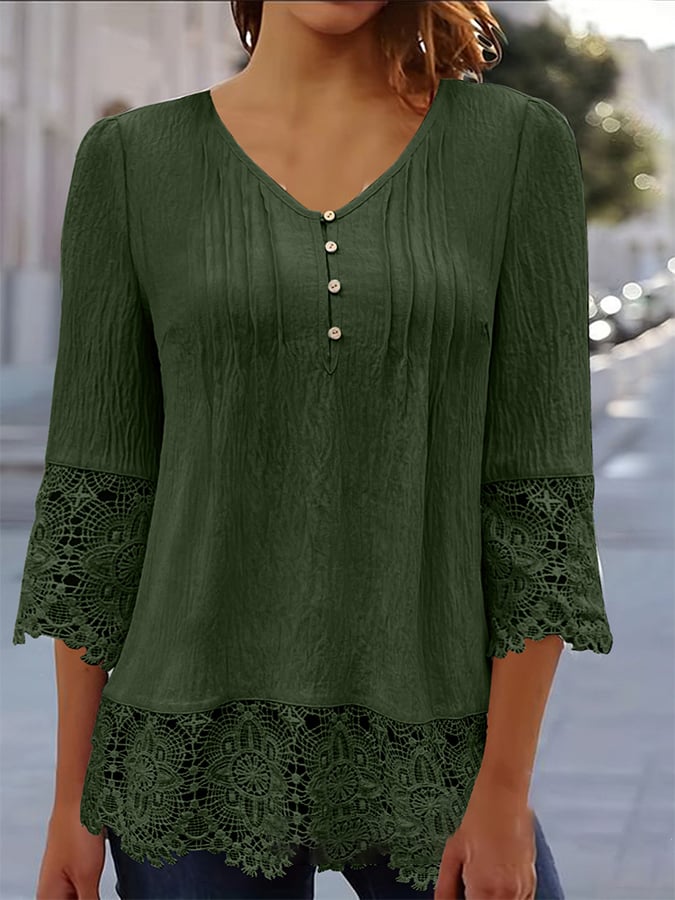 Women'S Casual Solid Color Lace Sleeve Top