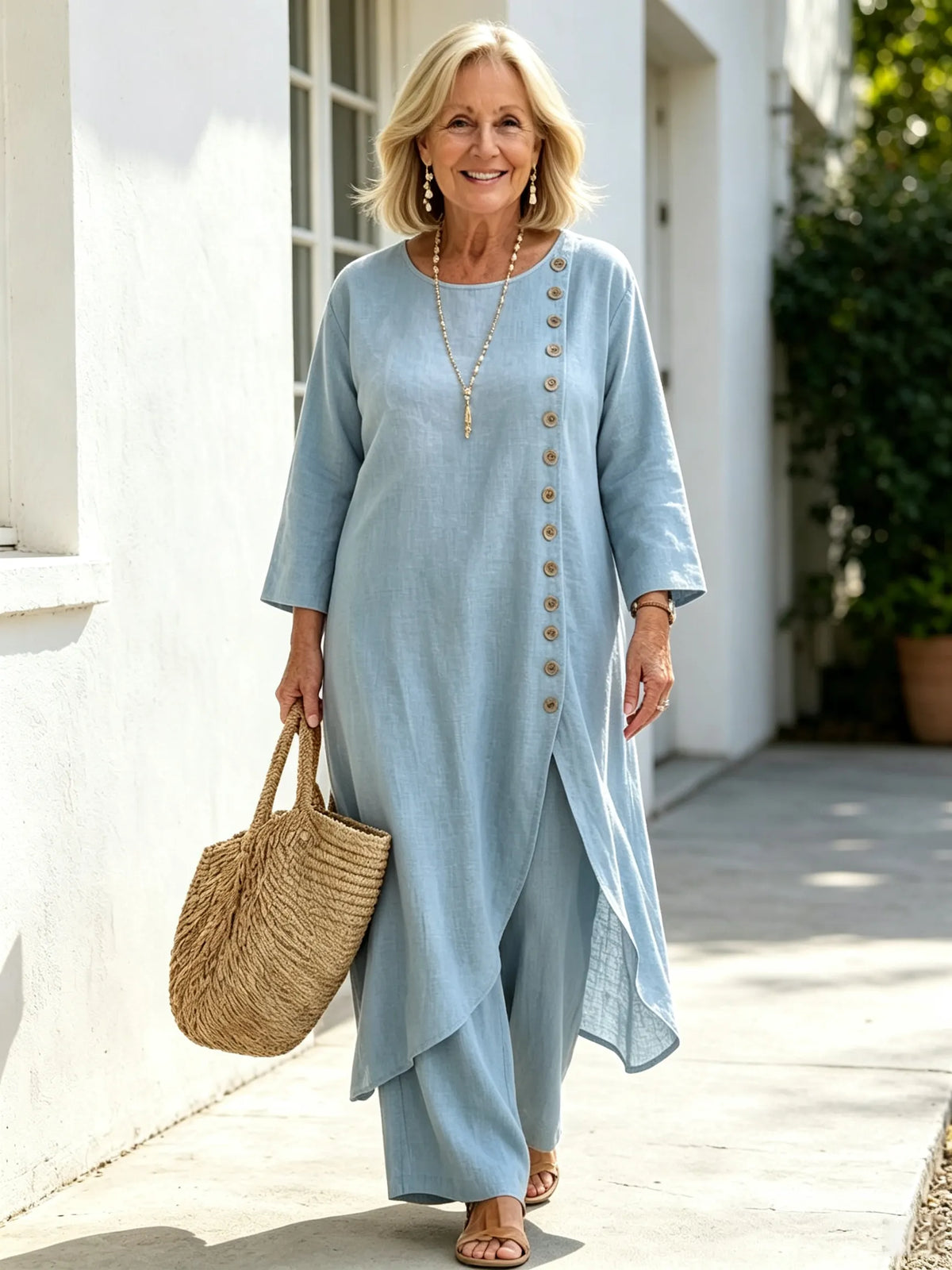 Casual Linen Long Irregular Single-breasted Top and Trousers Two-piece Set
