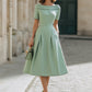Mint Green Off-Shoulder Short Sleeve Fit-and-Flare Midi Dress With Pockets