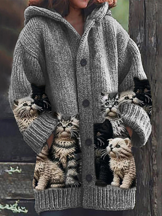 Fuzzy Cats Crochet Art Cozy Knit Hooded Cardigan