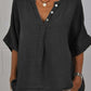 Women's Solid Mid Sleeve V-Neck Button-Up Cotton and Linen Shirt
