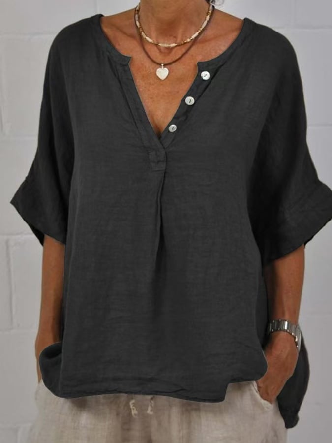 Women's Solid Mid Sleeve V-Neck Button-Up Cotton and Linen Shirt