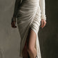 Elegant Polyester Suede Midi Dress With Side Slits And Lace Panels