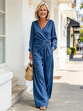 2Pcs Solid Color Cross V-neck Waist Knot Long-sleeved Top + Wide-leg Pants Set