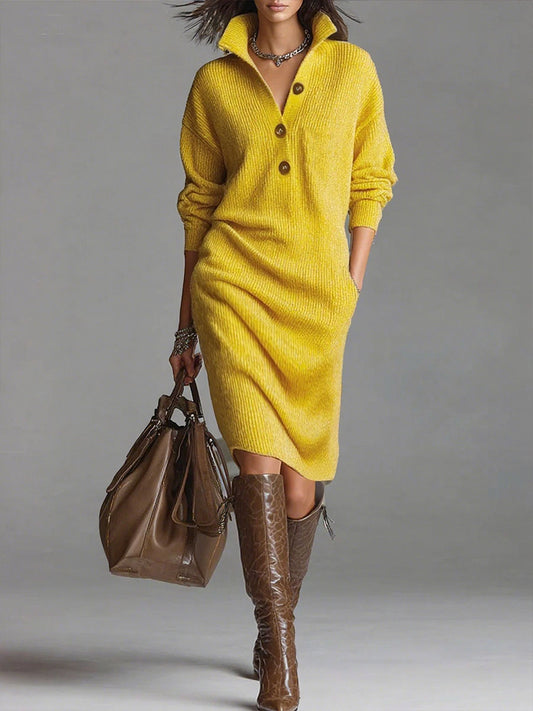 Solid color stand collar long sleeve loose knit dress