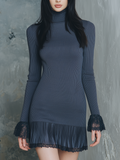 Retro High-neck Lace Cuffs And Pleated Hem Knitted Mini Dress