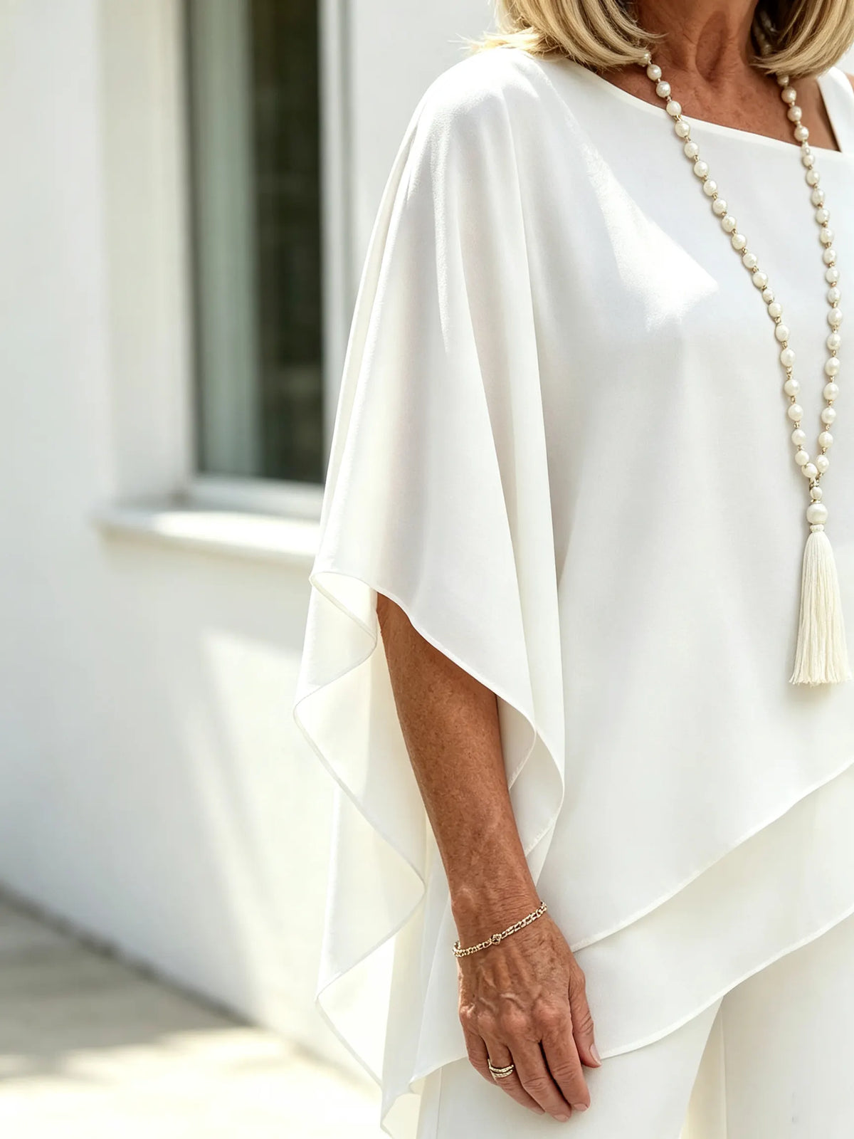 2 Piece Outfit Set, Cold Shoulder Asymmetrical Chiffon Batwing Sleeve Top, Irregular Layered Hem, High Waist Wide Leg Long Trousers, Lightweight Sheer Fabric, Elegant Flowy Pant Suit for Wedding, Banquet and Formal Events