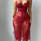 Sexy Flower Lace Hollow See-Through Side Strap Long Suspender Dress