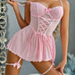 Sexy Lace Mesh See-Through Straps Cross Bow Mesh Ruffled Nightdress
