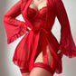 Sexy Lace Slip Dress Mesh See-through Tie-up Robe Loungewear Set