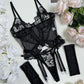 Blue Flower Embroidered Mesh Hollow Sexy Bodysuit