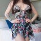 Sexy Deep V Lace Translucent Mesh Front Button Suspender Nightdress and Thong Set