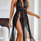 Halter Neck Lace Mesh See-through Sexy High Slit Long Nightgown