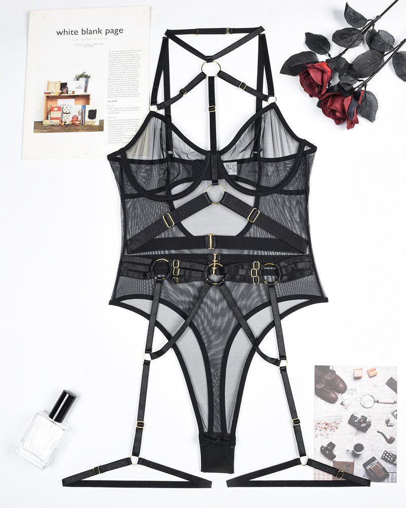 Leopard Print See-Through Mesh Bondage Sexy Underwire Bodysuit