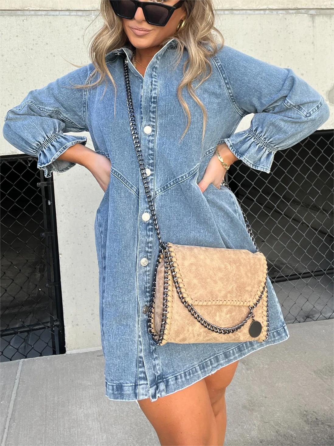 2023 Washed Denim Puff Sleeve Dress (Buy 2 Free Shipping)-Pink Laura