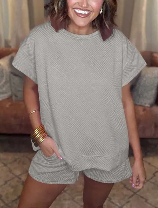 Women's Solid Textured Drawstring Shorts Set (Buy 3 Free Shipping)
