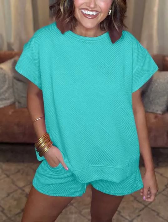 Women's Solid Textured Drawstring Shorts Set (Buy 3 Free Shipping)