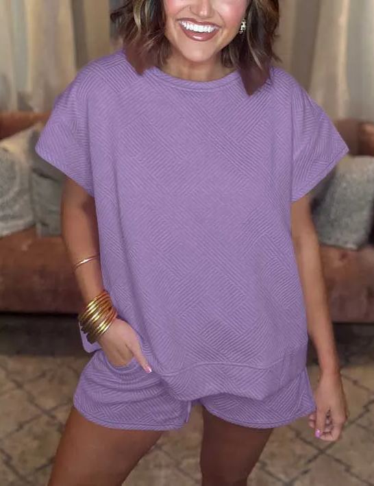 Women's Solid Textured Drawstring Shorts Set (Buy 3 Free Shipping)