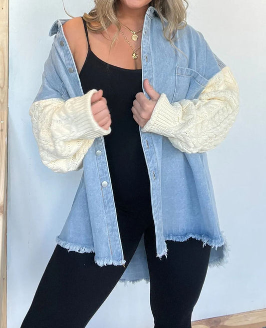 Cozy Sweater Sleeve Denim Shacket