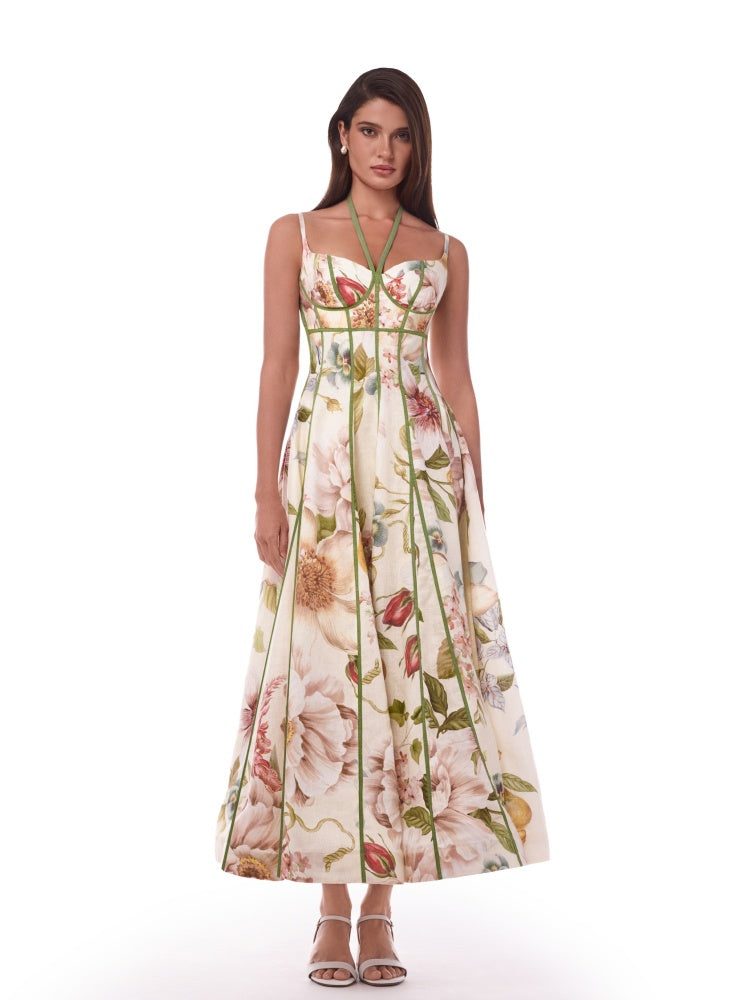 Cream Floral Corset Bustier Midi Dress