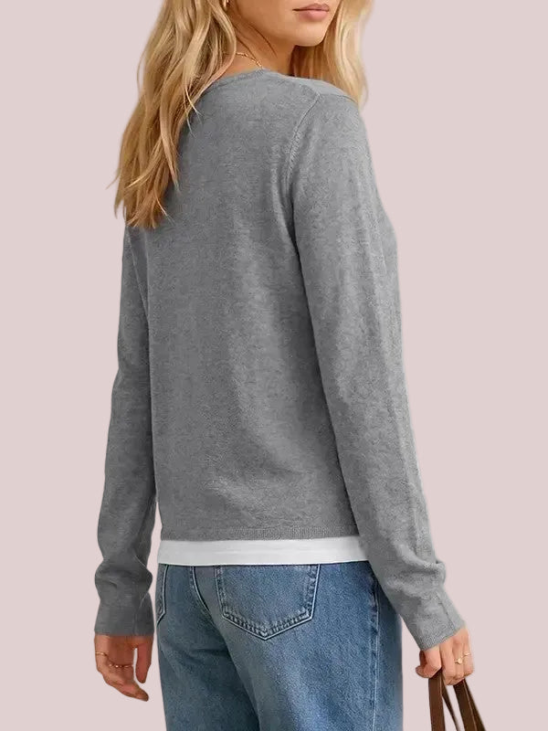 Women's V Neck Faux Two Piece Knit Sweater