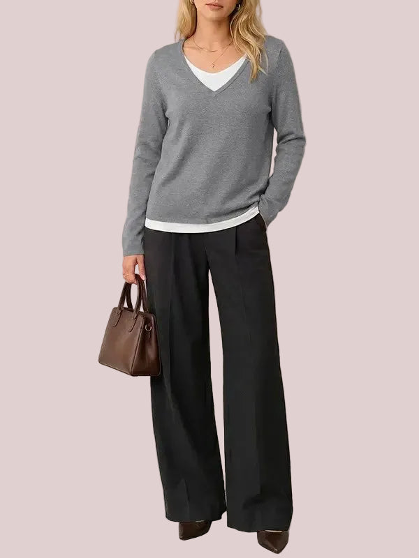 Women's V Neck Faux Two Piece Knit Sweater