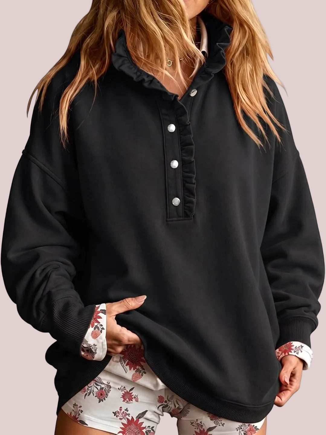 Women's Ruffle Collar Henley Oversized Sweatshirt