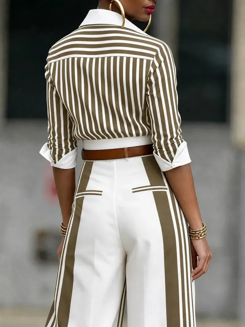 Women's Chic Striped Shirt Wide Leg Pants Set