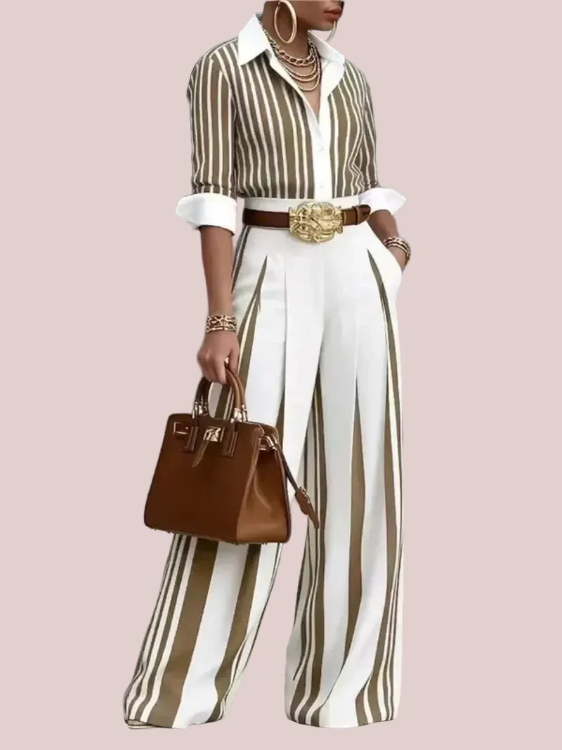 Women's Chic Striped Shirt Wide Leg Pants Set