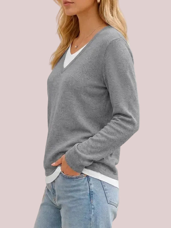 Women's V Neck Faux Two Piece Knit Sweater