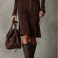 Brown Vintage Zipper Belted Midi Dress