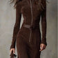 Brown Vintage Zipper Belted Midi Dress