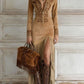Western Half-Zip Embroidered Faux Suede Fringe Maxi Dress