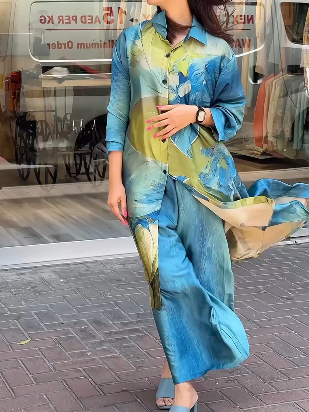 WOMEN FASHION LAPEL PRINT SHIRT AND PANTS TWO-PIECE SET