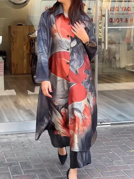 WOMEN FASHION LAPEL PRINT SHIRT AND PANTS TWO-PIECE SET