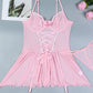 Sexy Lace Mesh See-Through Straps Cross Bow Mesh Ruffled Nightdress