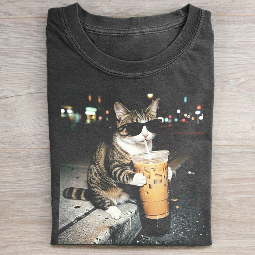 Funny Cat Drinking Iced Coffee T-shirt