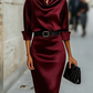 Elegant Satin Draped-Collar Midi Dress With Black Belt