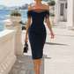 Off-Shoulder Sheer Mesh Sleeve Bodycon Midi Dress