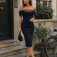 Off-Shoulder Sheer Mesh Sleeve Bodycon Midi Dress