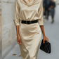 Elegant Satin Draped-Collar Midi Dress With Black Belt