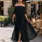 Off-Shoulder Pleated Chiffon Maxi Dress