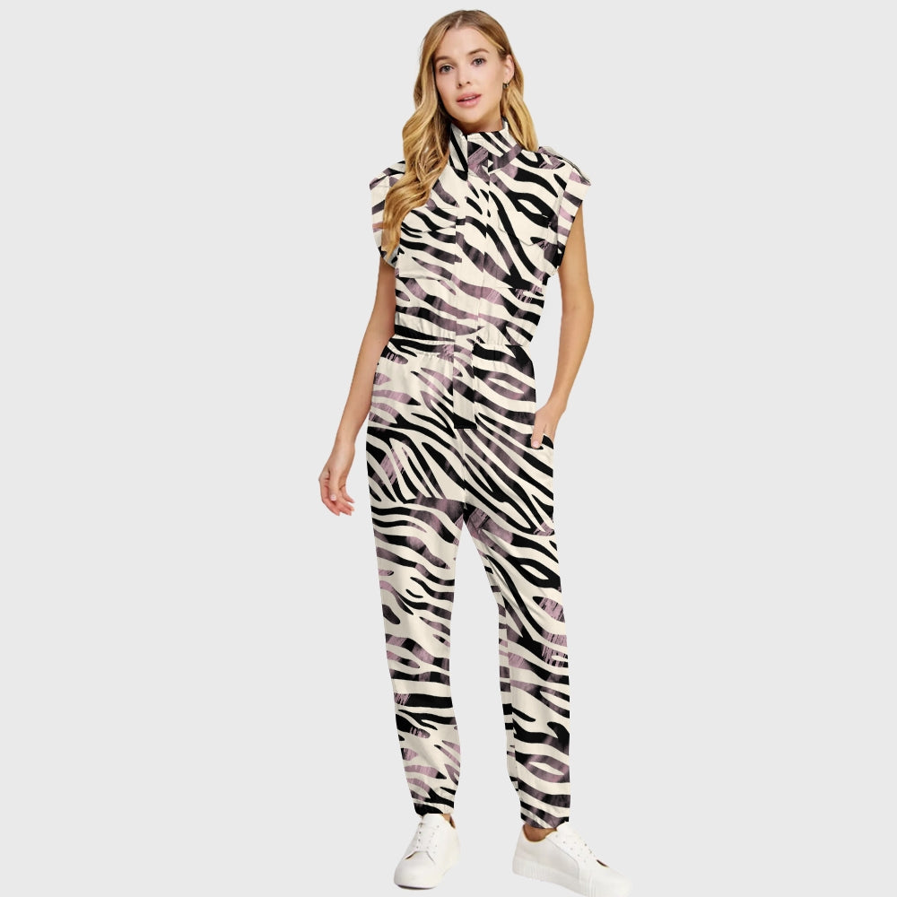 Women's High Neck 4-Pocket Sleeveless Print Scrub Jumpsuit