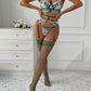 Retro Colorblock Sexy Green Leaf Lace Underwear With Stockings Set