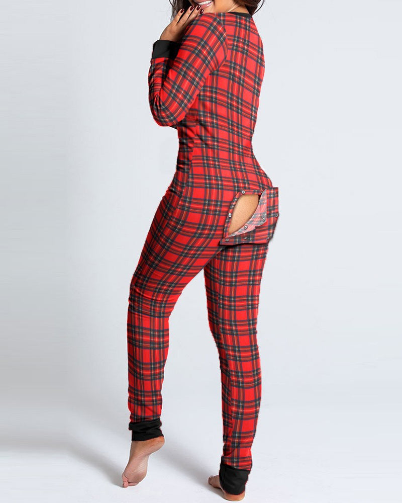 Christmas Deep V-neck Long-sleeved Back Button Closure Jumpsuit PJajama